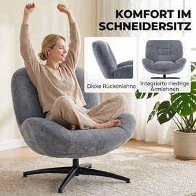 HOMCOM Fotel do salonu obrotowy, fotel lounge z szerokim siedziskiem, wbudowane podłokietniki, efekt chenille, ciemnoszary | Aosom PL
