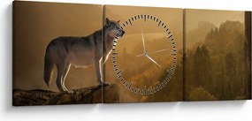 Obraz wilka na skale (z zegarem) (90x30 cm)