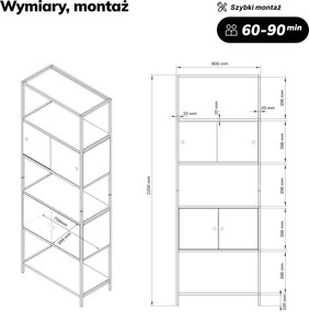 Regał na segregatory z szafką zamykaną, biurowy, otwarte półki, metalowy antracytowy, 800x2200x400 mm: ARIEL