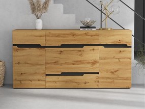 Buffet 160x40x80 cm - z 2 frontami i 4 szufladami - Wykończenie drewno - Płyty wiórowe - Kolor naturalny + Czarny
