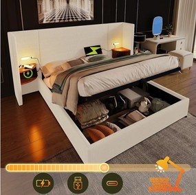 Łóżko ze schowkiem 180 x 200 cm z dużym zagłówkiem i stolikami nocnymi - Lampka do czytania i gniazda USB + typu C - Tkanina lniana - Kremowy (bez materaca)