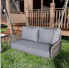 Huśtawka ogrodowa z rattanu PE 2-osobowa, huśtawka ogrodowa - z poduszkami i 2 łańcuchami - 112 x 54 x 48 cm - Szara