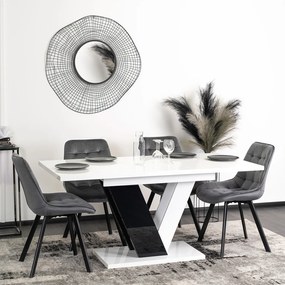 Zestaw Stół Prostokątny Rozkładany CLARK 120-160 cm Czarny/Biały Połysk i 4 Krzesła Tapicerowane do Salonu RICK Szare Welurowe