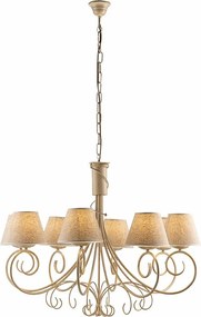 Żyrandol Wiedeń z lakierowanego żelaza w kolorze kości słoniowej, dekor stare złoto, abażury PVC z efektem juty Ø13 cm, 8 świateł, Ø78 cm