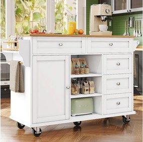 Biała wyspa kuchenna z 5 szufladami – Wózek kuchenny z 1 drzwiami i 3 otwartymi schowkami – półka na przyprawy i wieszak na ręczniki