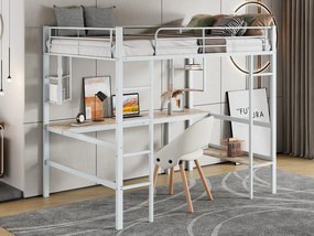 Łóżko mezzanine z żelaza - 90x200cm - z biurkiem i 5 półkami - Białe