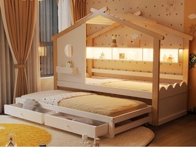 Łóżko domki dziecięce 90x200cm - z łóżkiem chowanym 90x190cm - z 2 szufladami - z portami ładowania USB + Type-C - z oświetleniem LED - biały+naturalny