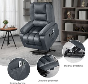 HOMCOM Fotel masażowy dla seniorów z funkcją wstawania 8 punktów masażu szary z bocznymi kieszeniami | Aosom PL