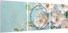 Obraz - Kwiatki na niebieskim tle (z zegarem) (90x30 cm)