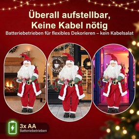 HOMCOM Śpiewający &amp; tańczący Mikołaj, 120 cm, stojąca animowana figurka świąteczna z girlandą &amp; workiem, aktywowana dźwiękiem/dotykiem | Aosom PL