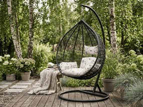 Czarny wiszący fotel KOKON ze stojakiem, beżowa poduszka