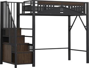 Łóżko mezzanine metalowe 90x200cm - z drabiną do przechowywania - Czarne (materac nie wchodzi w skład)