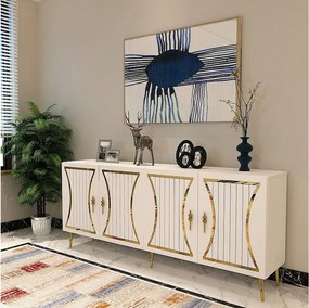 Komoda – 150 cm x 75 cm x 35 cm – Biało-złota – Płyta wiórowa