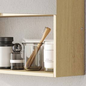 HOMCOM szafka łazienkowa z lustrem, drzwi z lustrem, otwarta półka, montaż na ścianie, MDF, płyta wiórowa, dąb