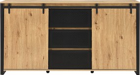 Kredens z 2 przesuwnymi drzwiami i 3 szufladami z MDF i czarnego metalu - Naturalny - BELINARO