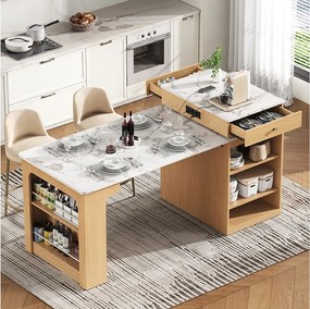 Stół barowy rozkładany z wyjmowanym blatem - 80 x 71/111/151 x 92 cm - z drzwiami + szufladą - MDF + szkło - naturalny