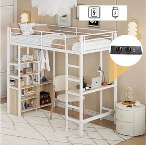 Łóżko piętrowe 90 x 200 cm z biurkiem, portami USB, otwartą szafką - Metal + MDF - Białe (bez materaca)