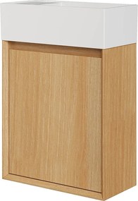 Wisząca szafka z umywalką do łazienki, umywalka z żywicy w kolorze białym mat – Jasny naturalny – 40 x 25,5 x 57 cm – SOREL