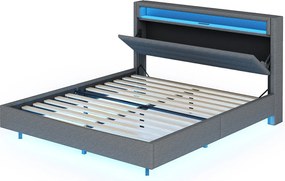 Łóżko tapicerowane 160 x 200 cm - port USB + diody LED - zagłówek odwracalny - tkanina lniana - szary