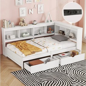 Łóżko 90 x 200 cm, sofa rozkładana - 2 szuflady, półki do przechowywania i 2 gniazda USB - Płyta wiórowa - Biały