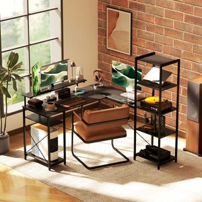 HOMCOM Biurko narożne L-kształtne z ładowarką, komputer stół narożny z podstawką pod monitor i półkami, do domowego biura, czarne