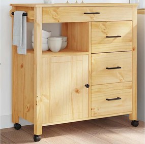 Kuchenny wózek MONZA 84x40x90 cm z litego drewna sosnowego z dużą przestrzenią do przechowywania i zablokowanymi kołami