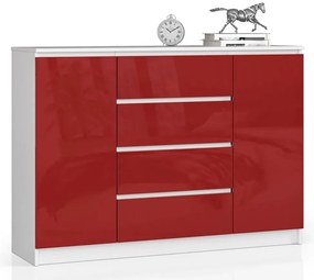 Młodzieżowa komoda z szufladami biała + czerwony połysk - Liv 4X 140 cm
