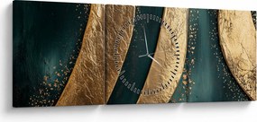 Obraz - Zielona abstrakcja ze złotem I. (z zegarem) (90x30 cm)