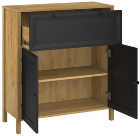 Komoda Dwudrzwiowa z Szufladą Drewniana do Salonu NORIA 88 cm Dąb craft złoty/czarny Loft