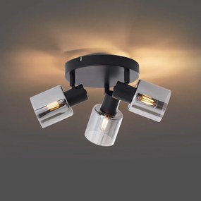 Nowoczesna lampa sufitowa czarna z okrągłym przydymionym szkłem 3-źródła światła - Cilin