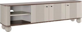 Szafka RTV Vesper 187 cm trzydrzwiowa - kaszmir / orzech / czarne uchwyty / nogi kule