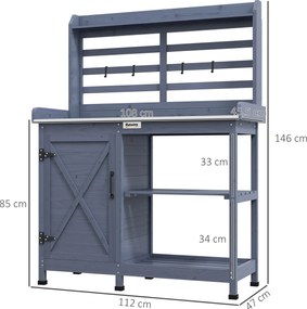 Outsunny Stół ogrodniczy z szafką, Powierzchnia robocza z aluminium, Przestrzeń przechowywania, 112x47x146cm, Szary