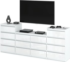 Duża Komoda z 14 Szufladami 220 CM Szafka Rtv Biały Mat Biały Połysk Meble Do Salonu Sypialni