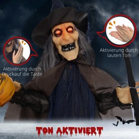HOMCOM Dekoracja na Halloween Czarownica z miotłą, świecące oczy, straszne dźwięki, elastyczne ramiona, 107x65x190 cm