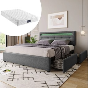 Łóżko dla dorosłych 140x200 cm - Łóżko małżeńskie z 2 szufladami i lampką LED - pościel szara - materac w komplecie