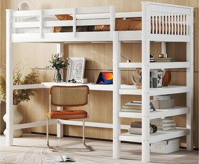 Łóżko mezzanine 90x200cm z drewna - z biurkiem i półką na przechowywanie - Białe