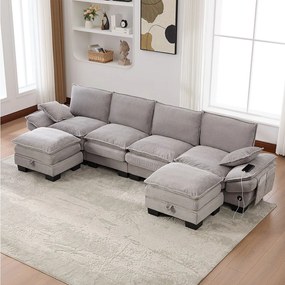 Zestaw wypoczynkowy z tkaniny sztruksowej dla 4 osób - 330 x 132 x 84 cm - z 2 pufami ze schowkiem + port USB + kieszenie - szary