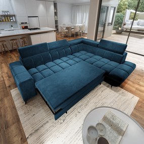 Masseno Narożnik MORIVA z funkcją spania i pojemnikiem na pościel Narozniki L, Rozkładana sofa - Niebieski, MONOLITH 77