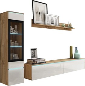Nowoczesny zestaw mebli do salonu 3 elementy – szafka RTV 180 cm, witryna i półka, korpus wotan mat, fronty biały połysk, stojąca lub wisząca