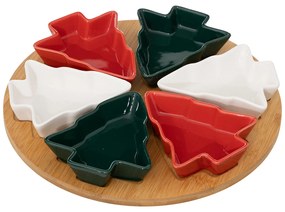 Komplet 6 miseczek w kształcie choinki, na bambusowej tacy, Ø 27 cm