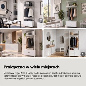 Regał biurowy otwarty z drążkiem na ubrania, do recepcji i poczekalni, metalowy, biały, 800x2200x400 mm: ARIEL