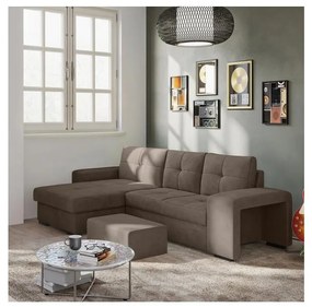 Sofa rozkładana PALERMO z pojemnikiem i pufą, brązowa, lewa