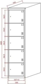 Szafka skrytkowa S2, 5 schowków, 1820 x 380 x 500 mm, demontaż, zamek cylindryczny, drzwi szare