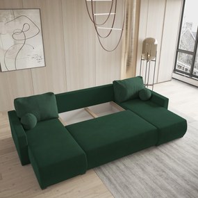 Masseno Narożnik TESSUN z funkcją spania i pojemnikiem na pościel Narozniki U, Rozkładana sofa - Butelkowa zieleń