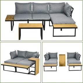 Outsunny Zestaw mebli ogrodowych dla 3 osób, meble balkonowe z poduszkami siedziskowymi, rama z aluminium, imitacja drewna, Jasnoszary+Naturalny