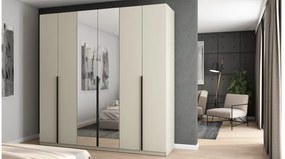 Szafa 6 drzwiowa z lustrem otwierana 240 x 240 cm – kaszmirowy beż z czarnymi uchwytami