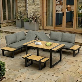 Zestaw mebli ogrodowych - z regulowanymi sofami rozkładanymi + 1 stół + 1 ławka - metal - szary + czarny