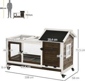 PawHut Kojec dla królików miniaturowych i świnek morskich, z kółkami, 108 x 58 x 73,5 cm, kawowy