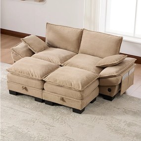 Zestaw wypoczynkowy z tkaniny sztruksowej dla 2 osób - 190 x 132 x 84 cm - z 2 pufami ze schowkiem + portem USB + kieszeniami - khaki