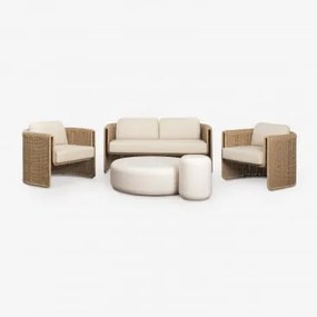 Zestaw Do Salonu Z Dwuosobową Sofą, 2 Fotelami Ze Stali I Syntetycznego Rattanu Lina Oraz 2 Stolikami Kawowymi Z Cementu Fonelas - Sklum